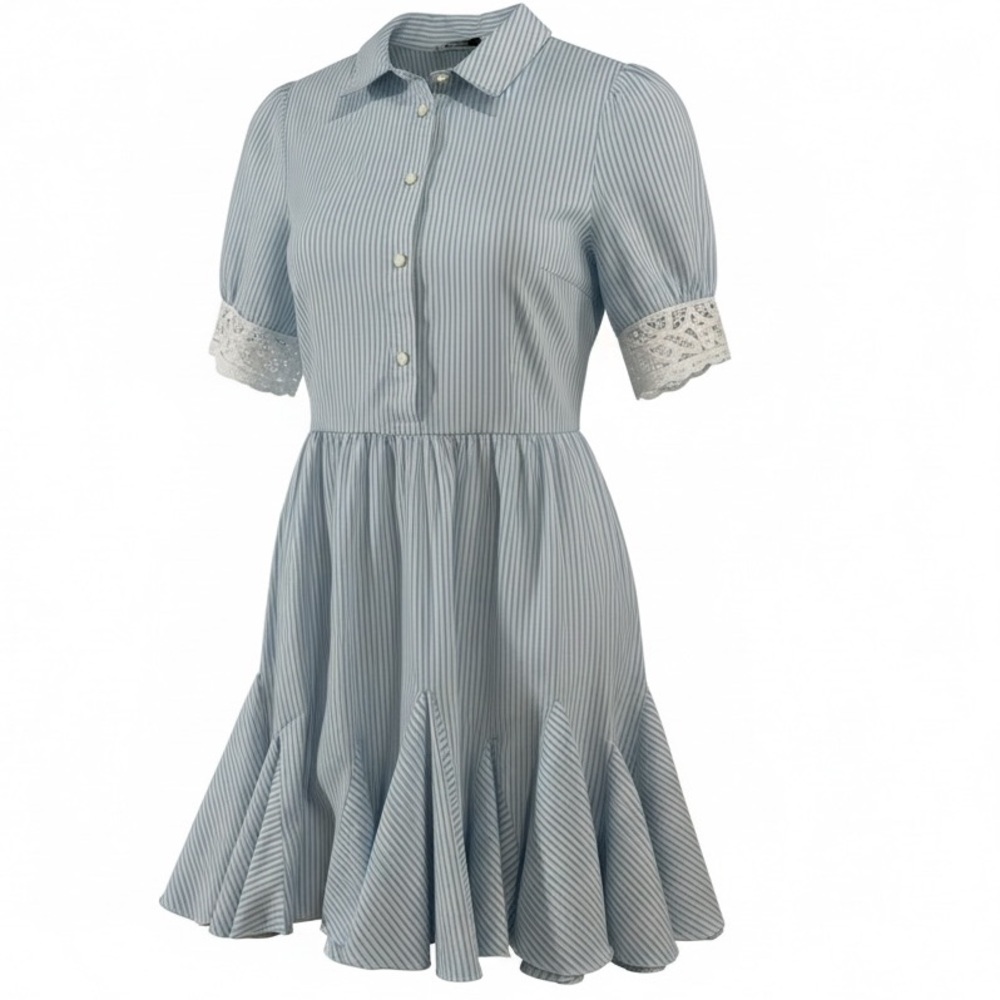 ADL Blue White Striped Shirt Dress Lace Sleeve Ruffle Hem Size XL